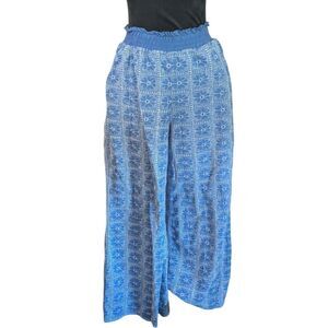 Solitaire Anthropologie Blue Sunburst Eyelet Wide Leg Boho Palazzo Pants Size M